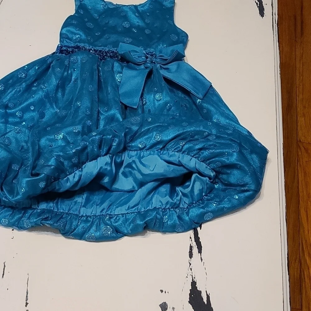 Youngland Girl's Church Dress Teal Sleeveless Glitter Dots Sequins Bow Sz 5 GUC‎
